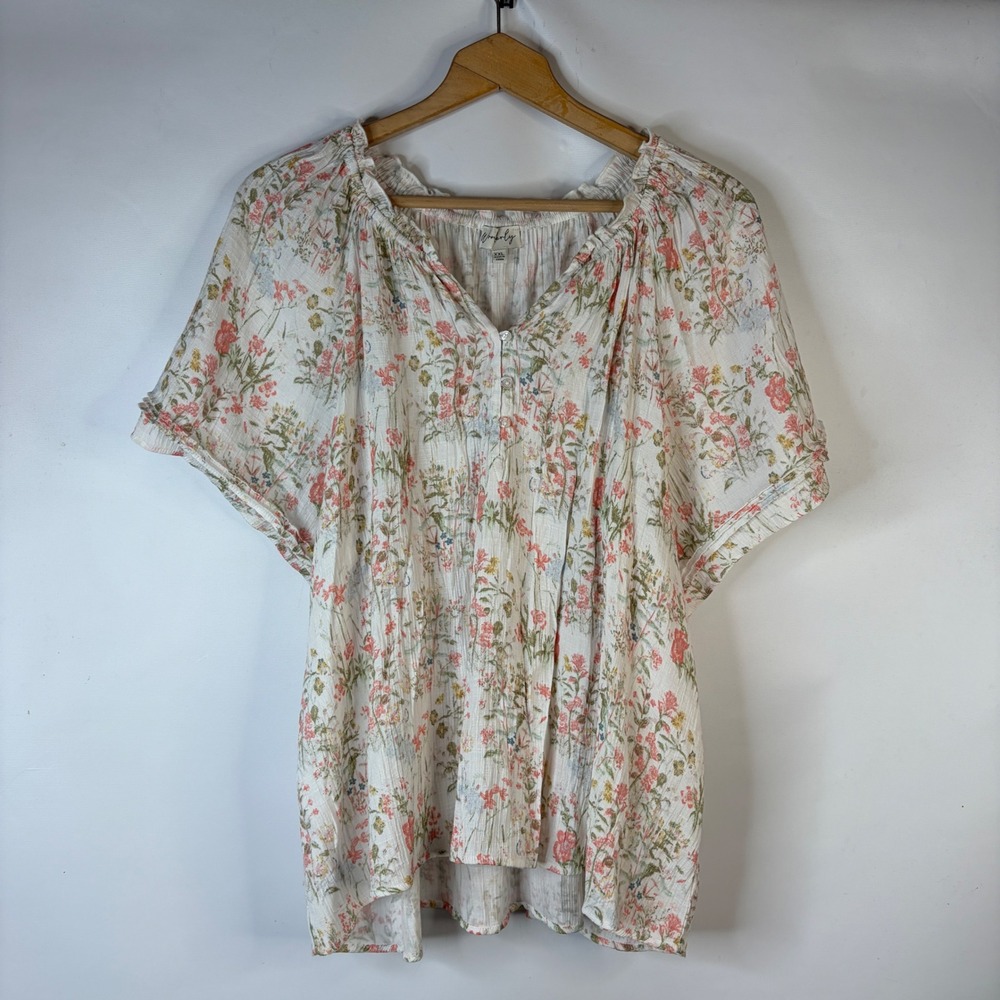 Wonderly Blouse Women XXL White Floral Peasant Boho Henley Short Sleeve Top